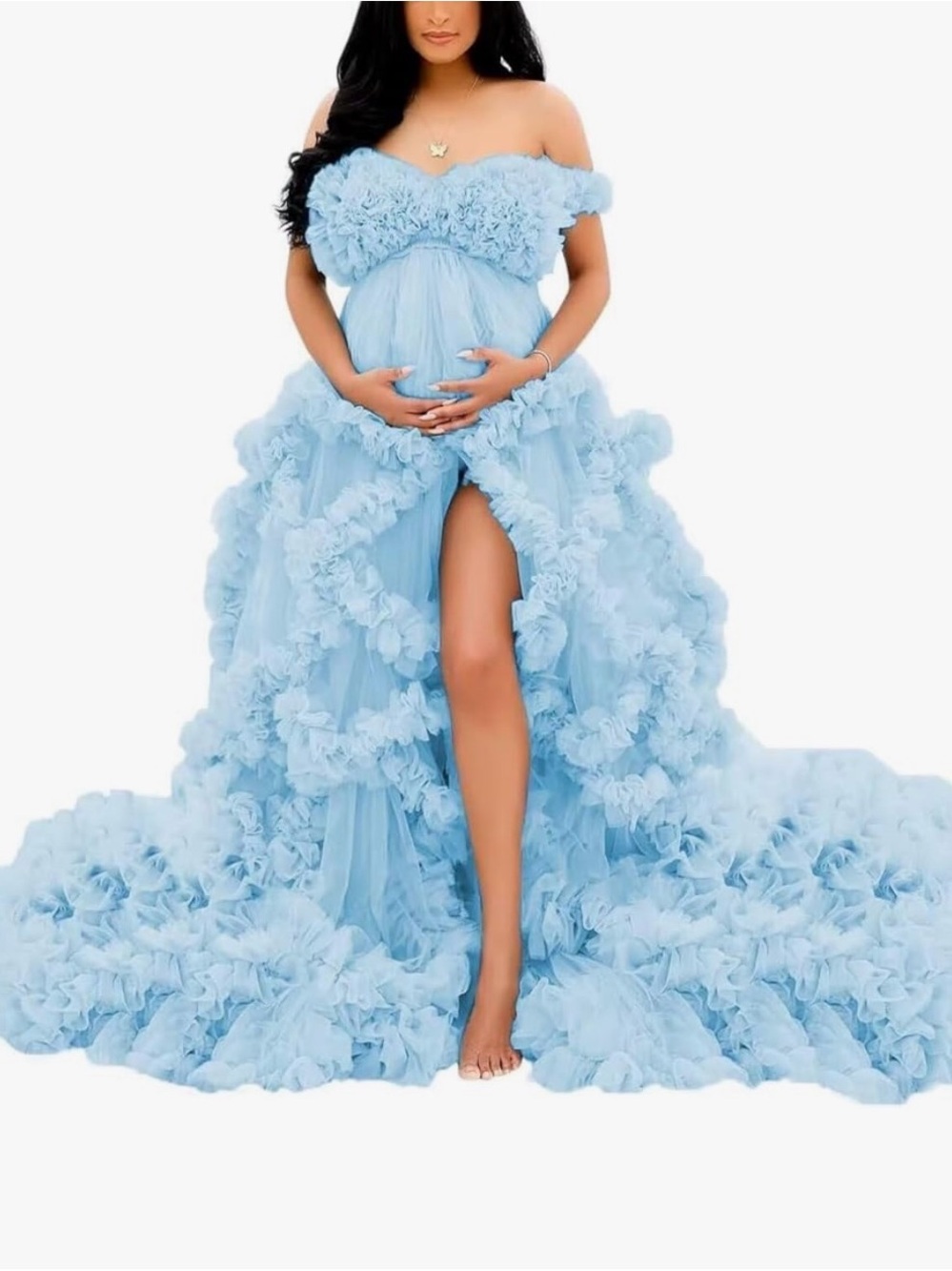 Light Blue Ruffled Off-Shoulder Maternity Gown